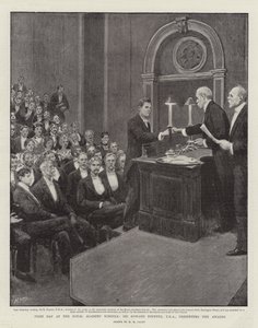 Día de premios en las Escuelas de la Real Academia, Sir Edward Poynter, PRA, presentando los premios